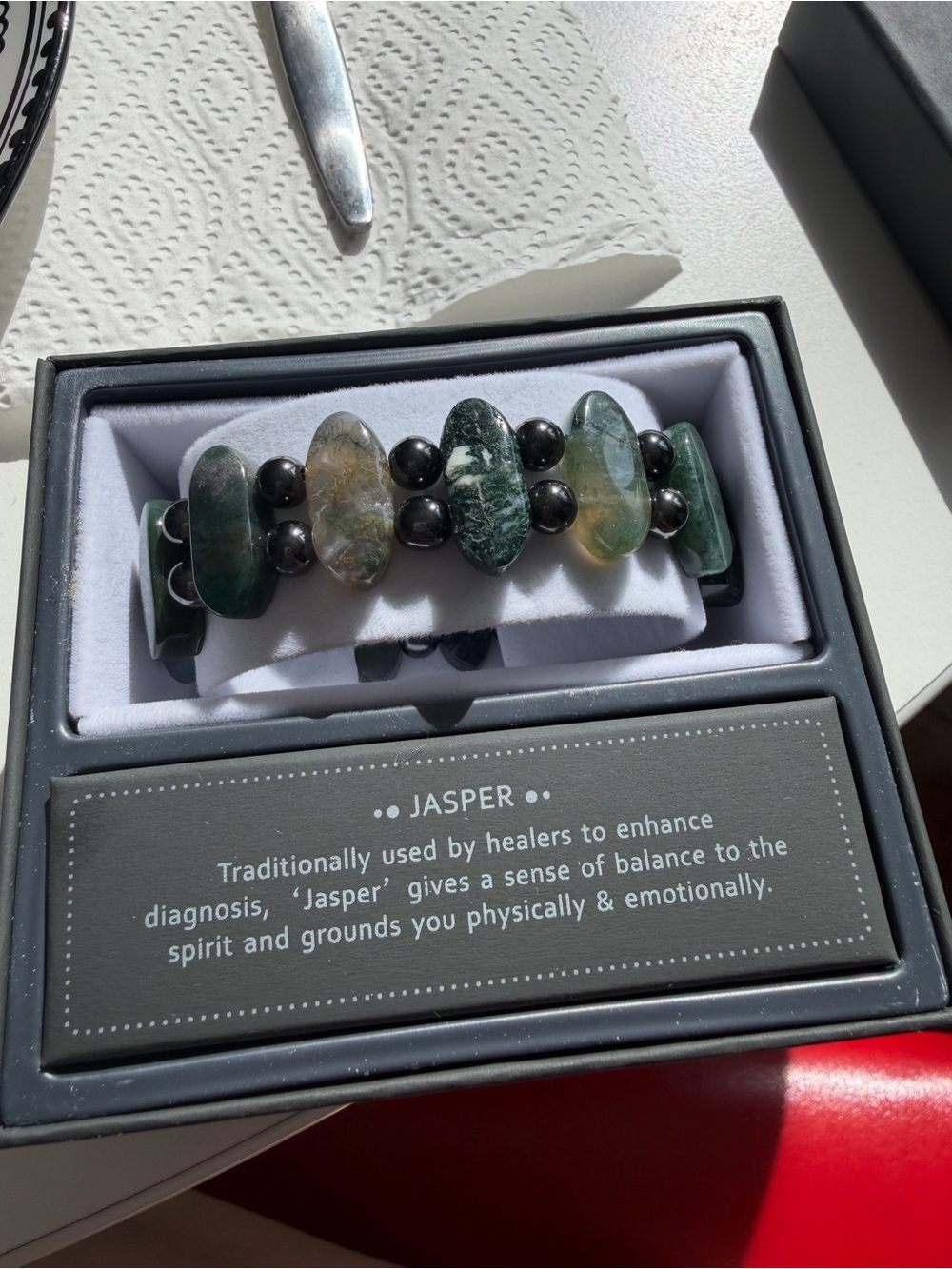 EARTHBOUND Green Jasper & Black Bead Stretch Bracelet